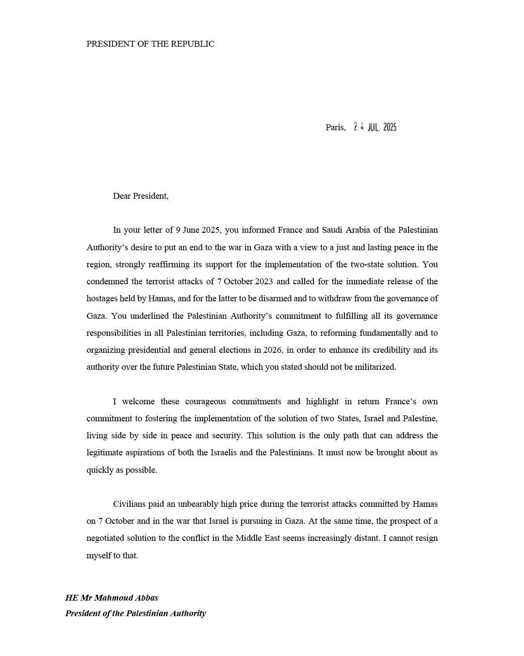 Francia reconocerá al Estado palestino en septiembre, anuncia Emmanuel Macron